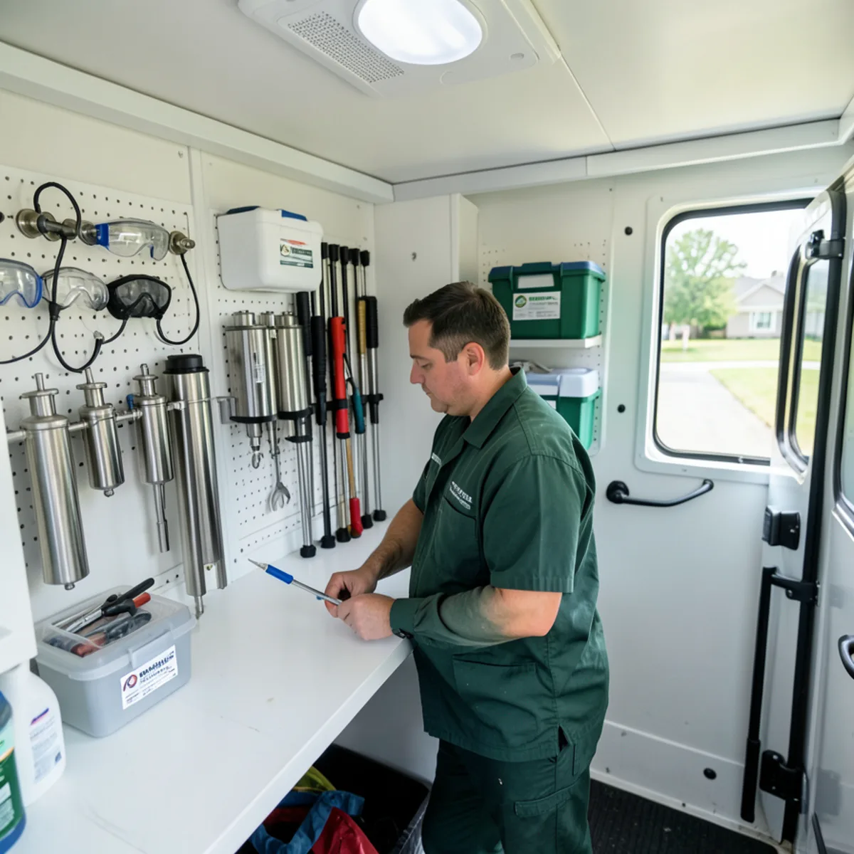 Organized service vehicle interior equipped with professional pest application tools