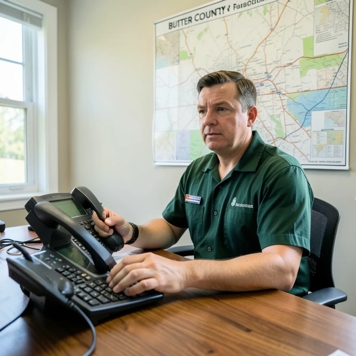 Customer service coordinator taking phone dispatch calls at downtown Butler office