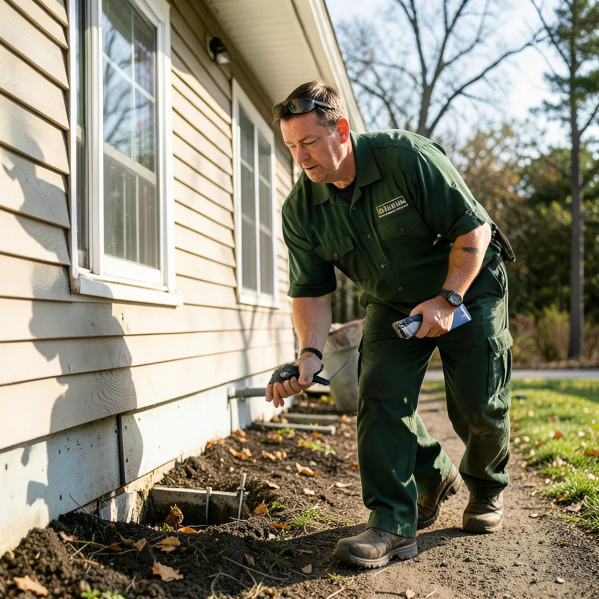 Technician conducting a methodical 360-degree foundation inspection around a home