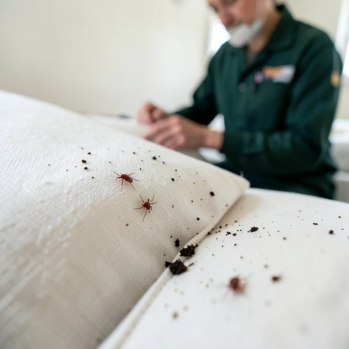 Close-up of inverted box spring seam showing live bed bugs and dark fecal inking