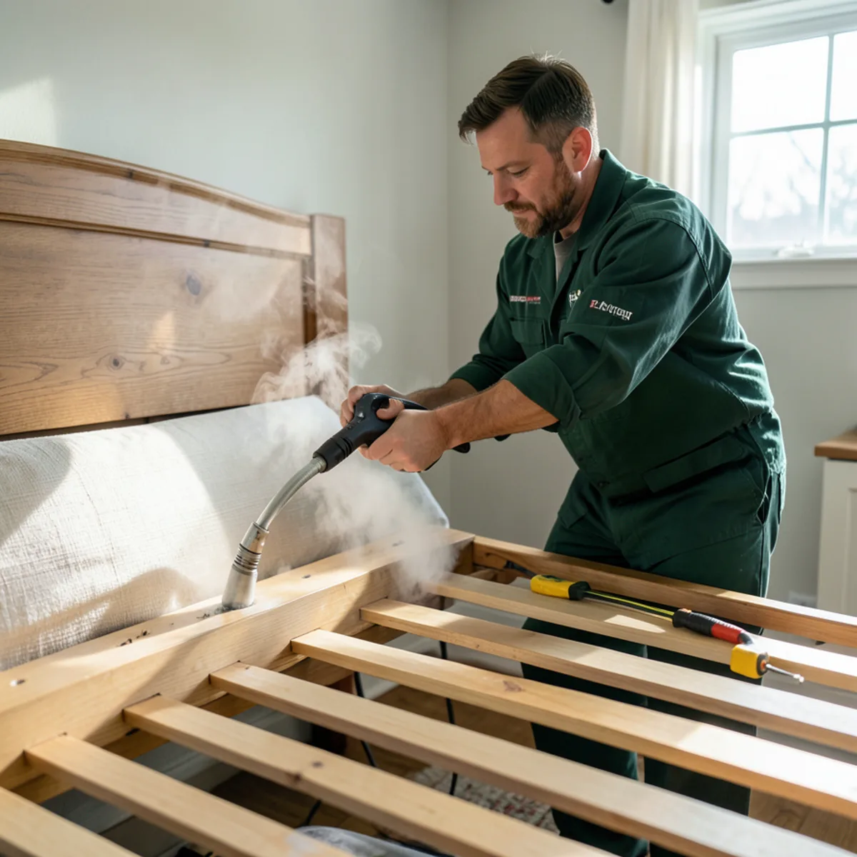 Commercial dry steam wand emitting 220-degree vapor along wooden bed frame joint