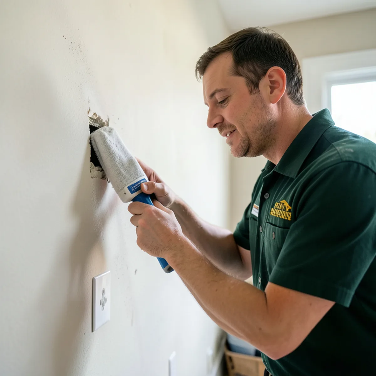 Applying amorphous silica desiccant dust behind electrical switch plate into wall cavity