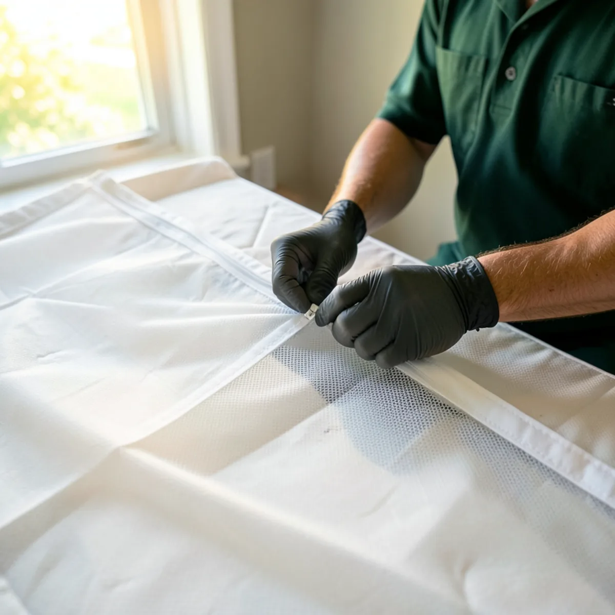 Zipping certified bed-bug-proof encasement around clean treated mattress