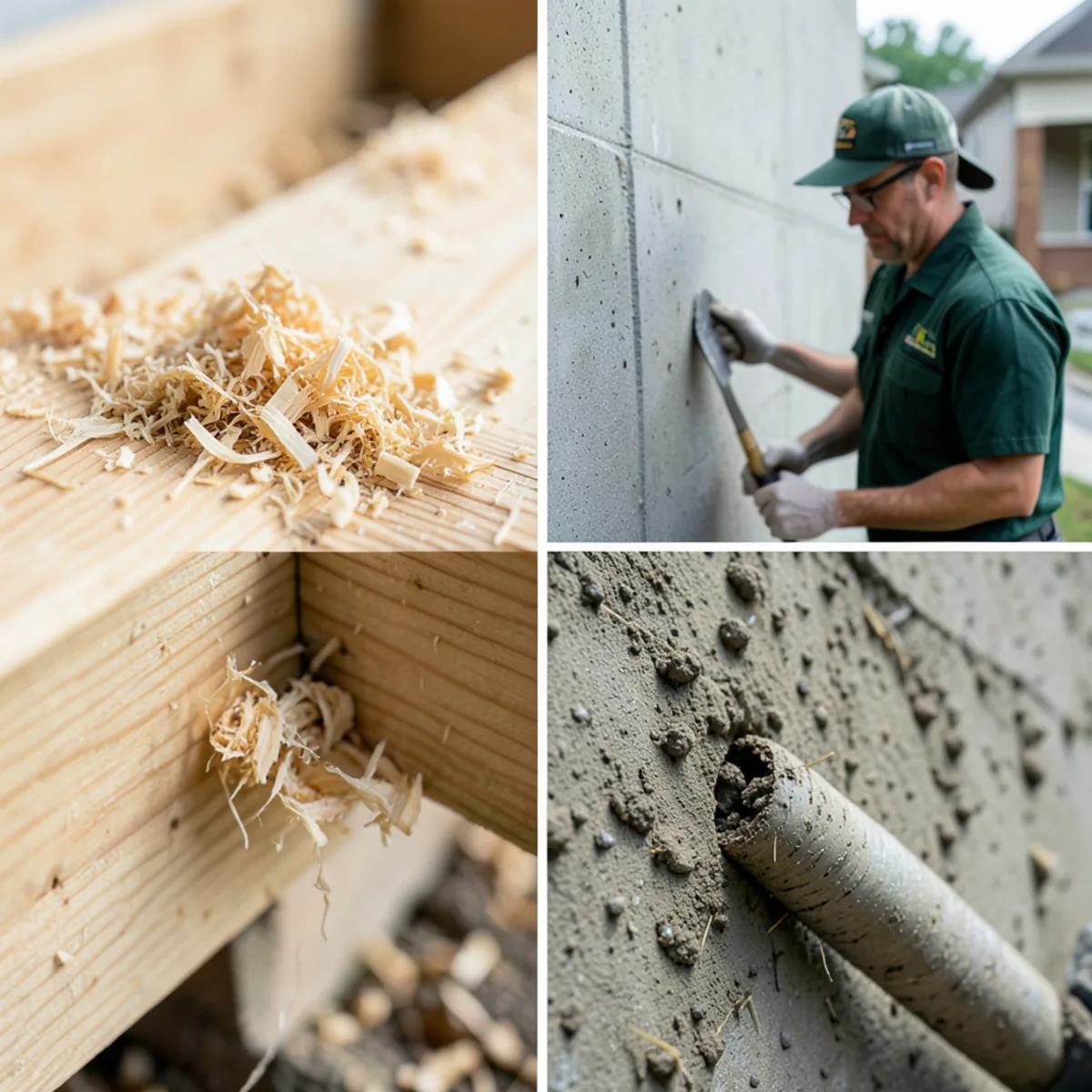 Clean wood shavings frass on beam compared to soil-filled earthen mud tubes on wall