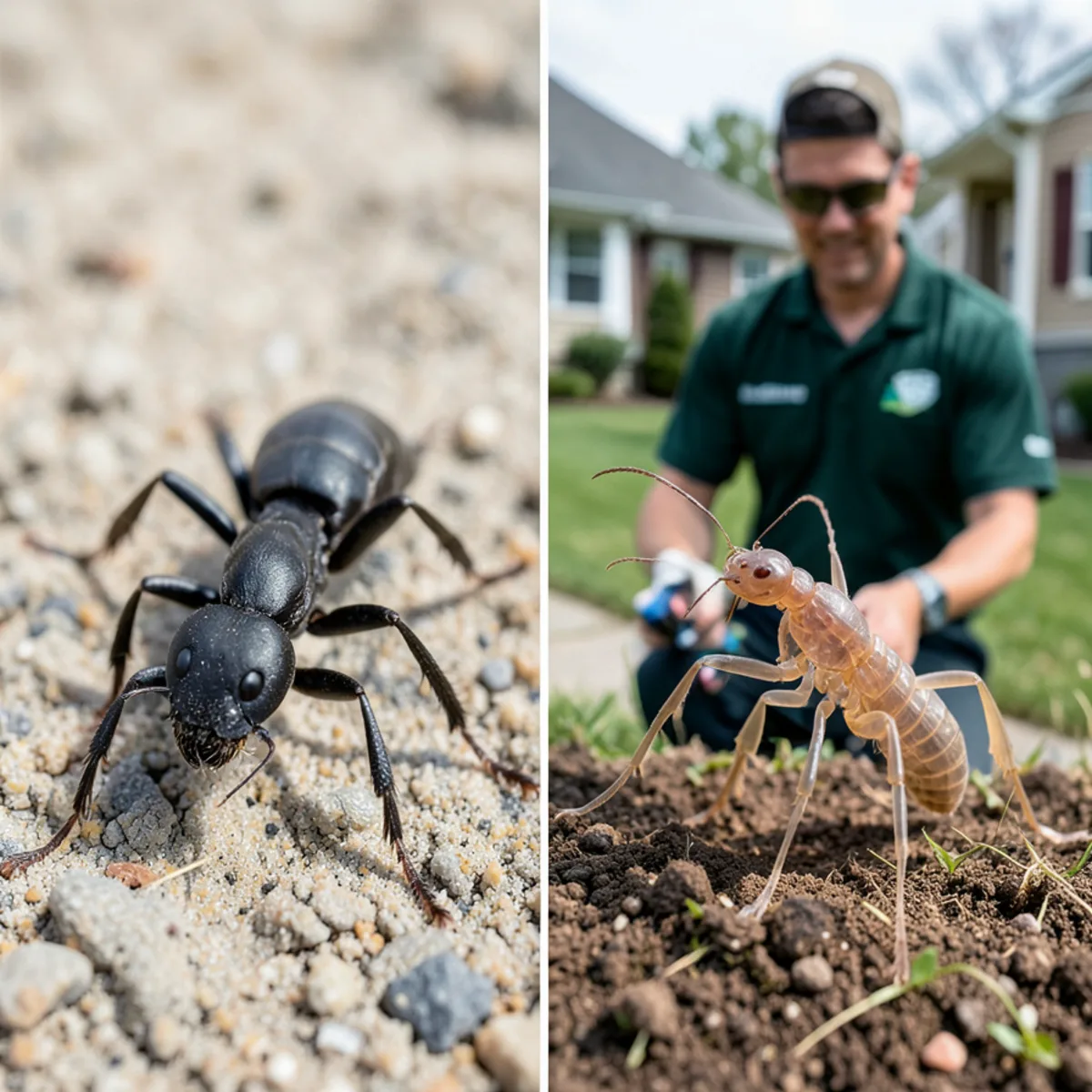 Split photo showing large black carpenter ant on left and pale subterranean termite on right