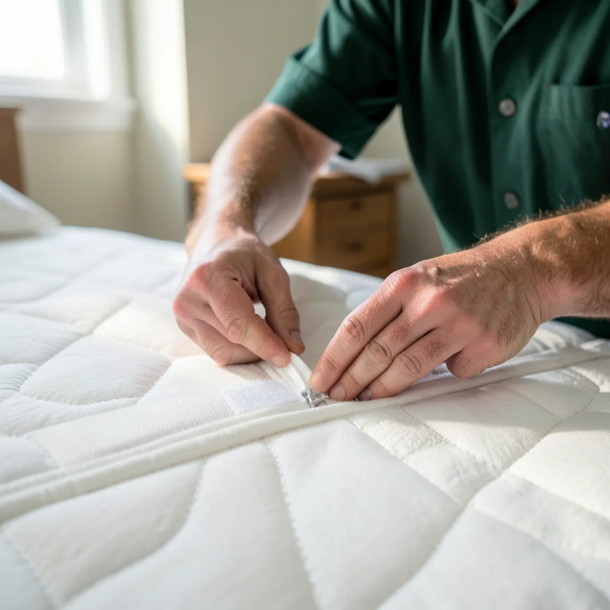 Zipping white micro-mesh certified bed bug encasement around clean mattress