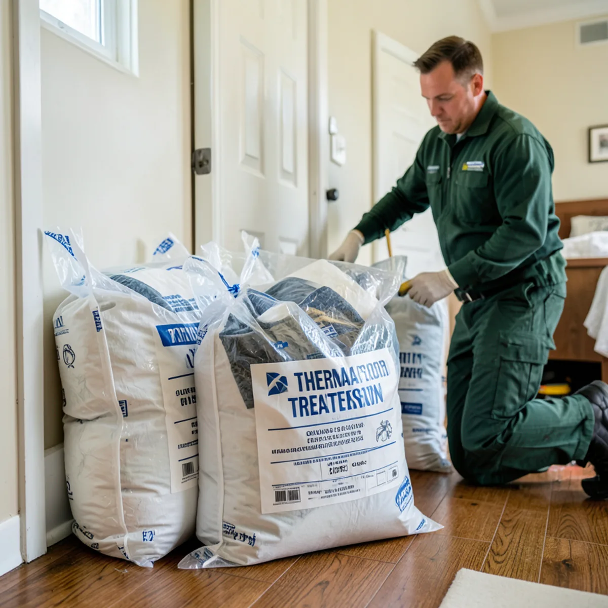 Sealed clear contractor bag containing clothing prepared for thermal laundry