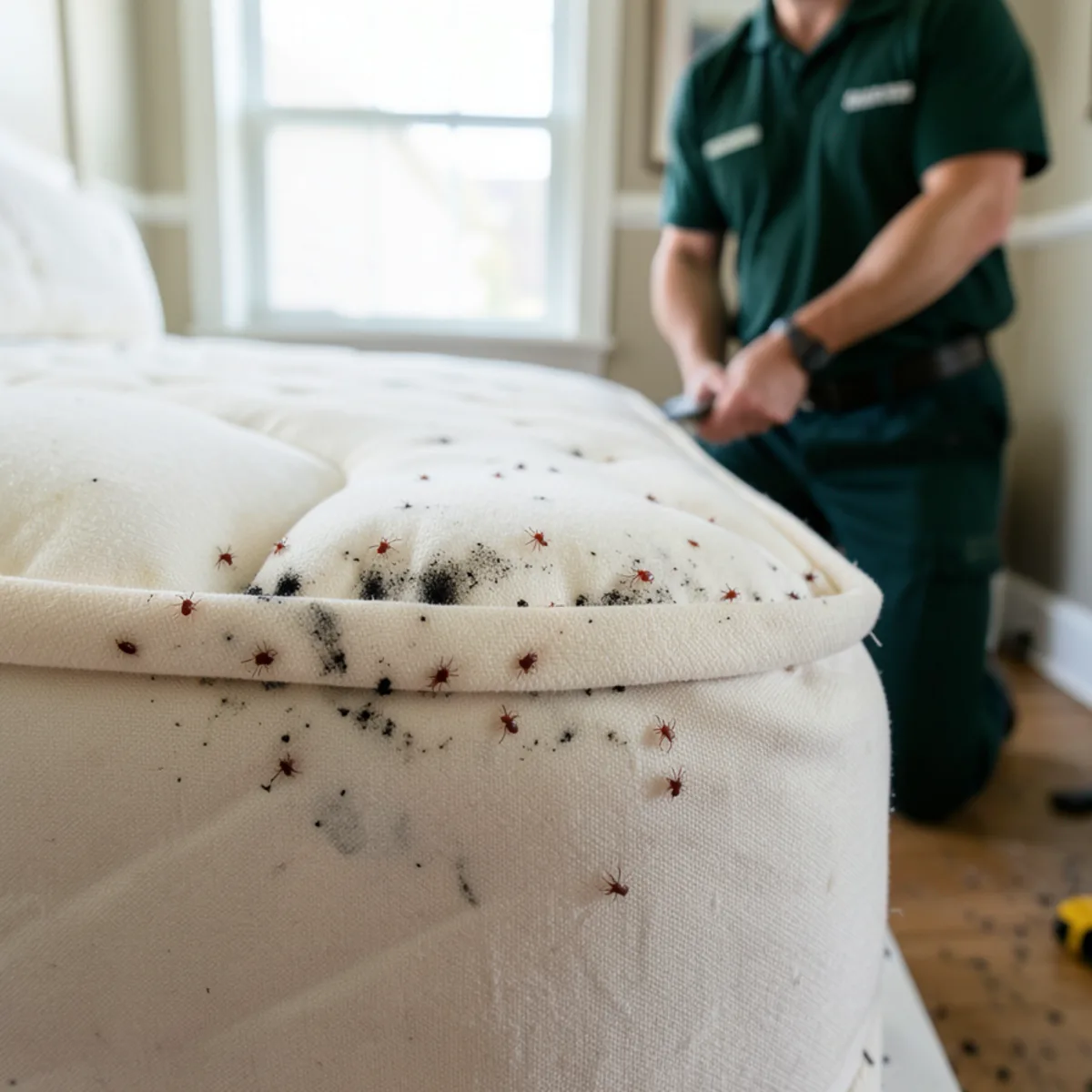 Macro photograph of mattress corner seam with small bed bugs and inking marks