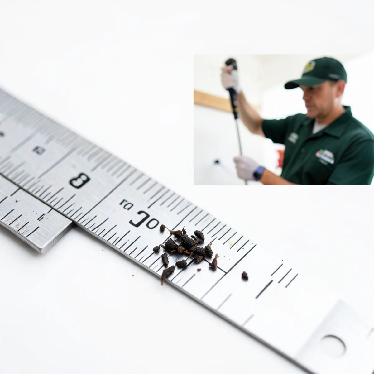 Macro photograph of dark pointed mouse droppings beside a measurement scale