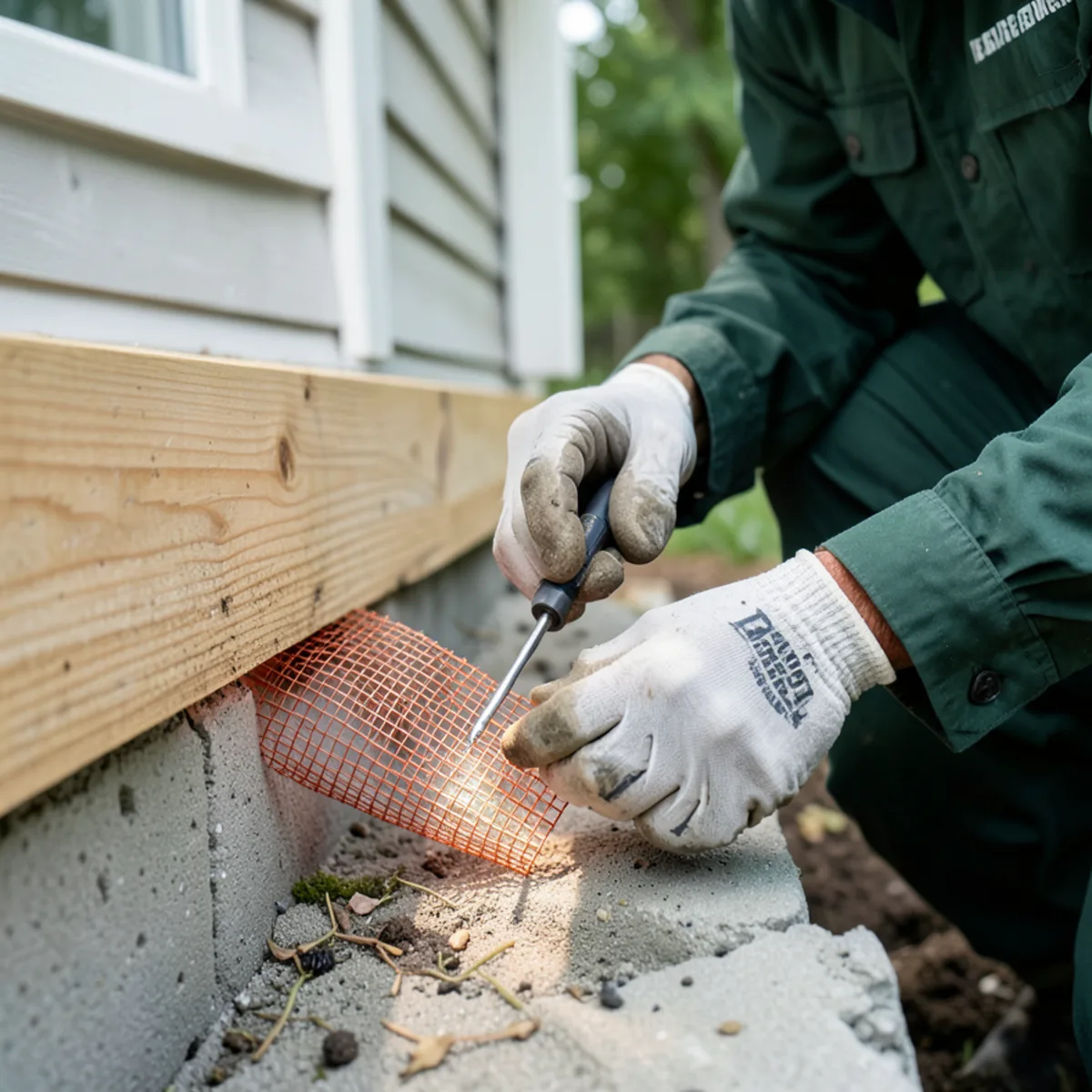 Stuffing woven copper mesh into half-inch gap between sill plate and foundation