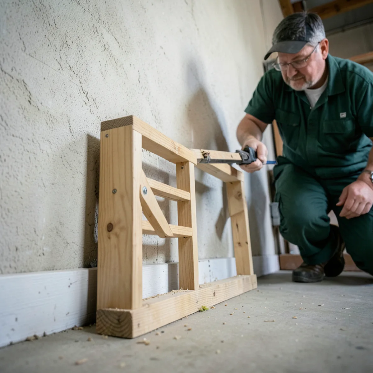 Wooden snap trap placed perpendicular to basement wall with trigger facing baseboard