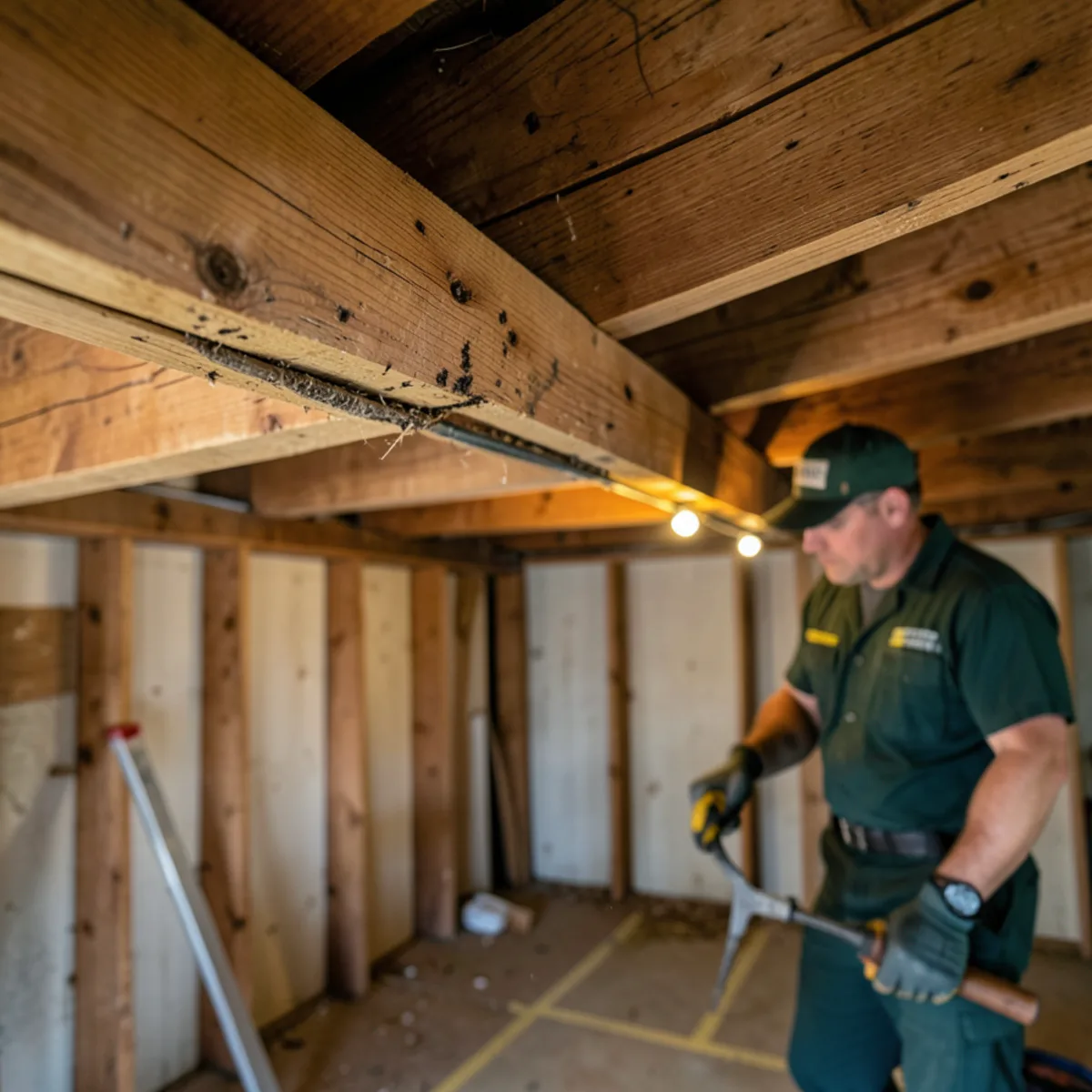 Wooden basement ceiling joist showing small rodent gnawing marks and runway
