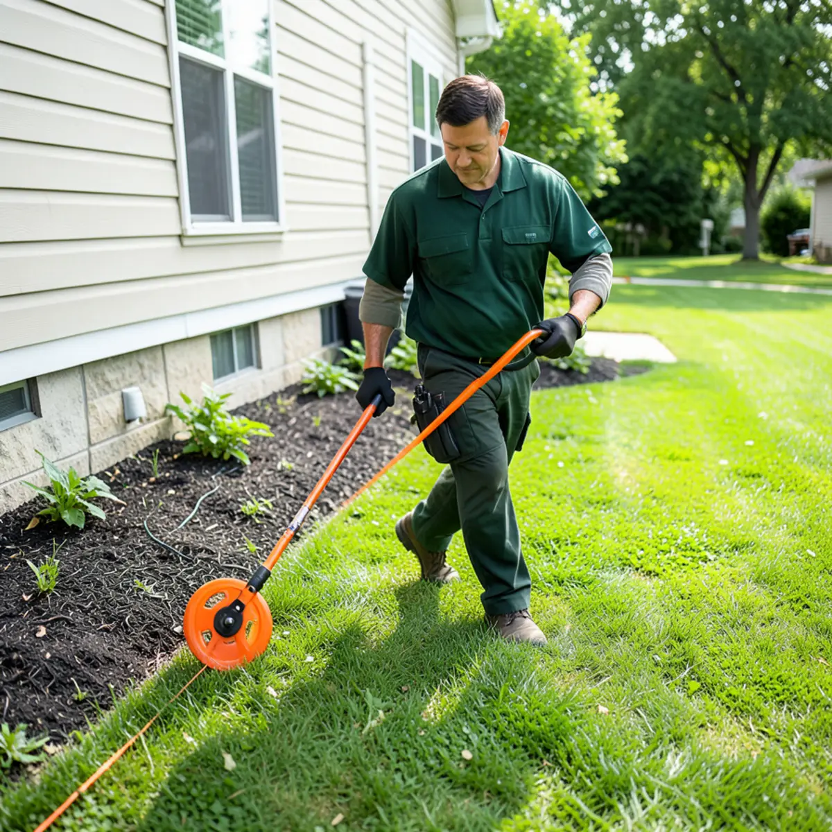 Measuring foundation perimeter linear footage with measuring wheel on home lawn