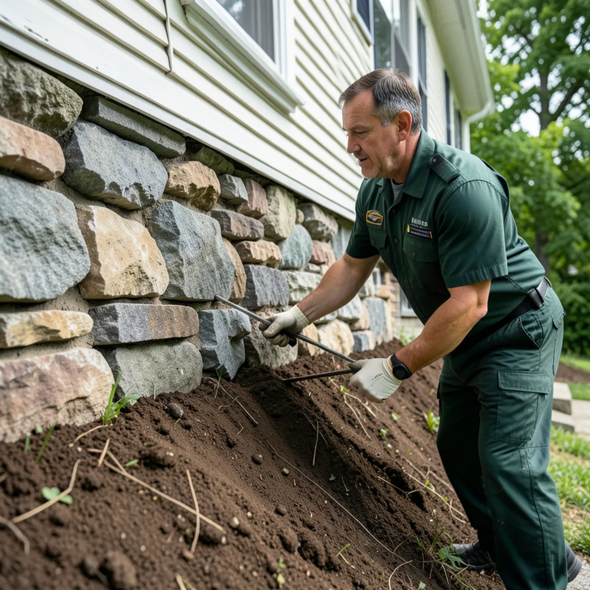 Inspecting complex stone and mortar foundation wall in an older home basement