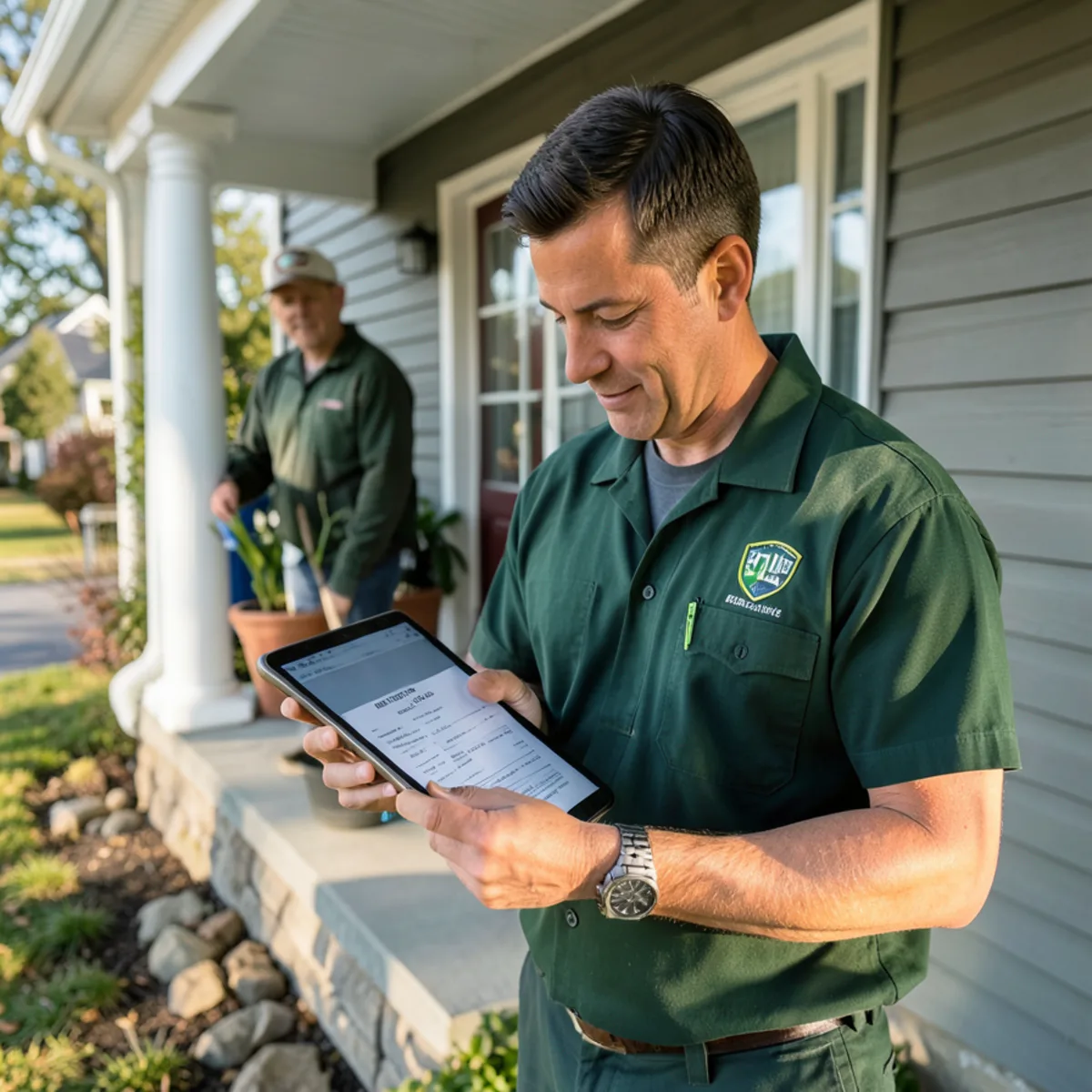 Technician reviewing written pest inspection findings with homeowner on front porch