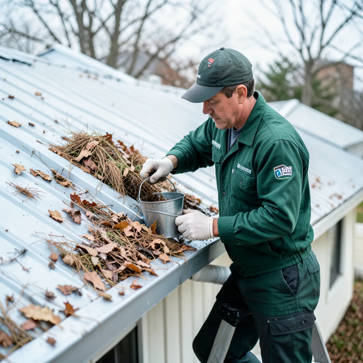 Clearing decomposing winter leaves and pine needles from roof gutter in early spring