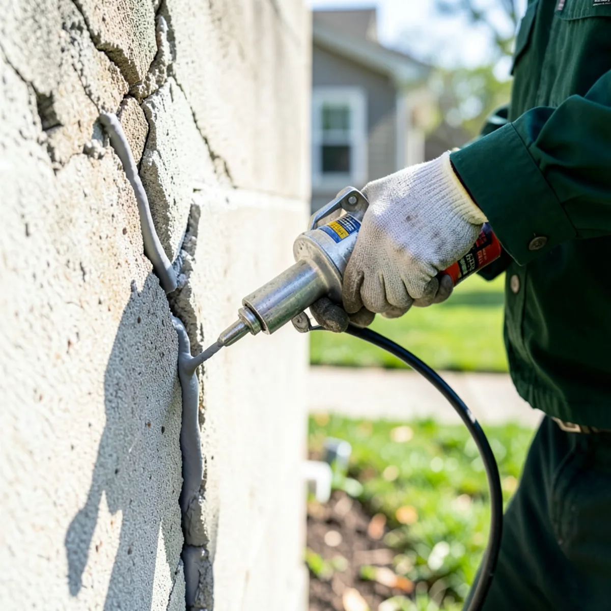 Applying polyurethane masonry sealant into vertical foundation crack with caulking gun