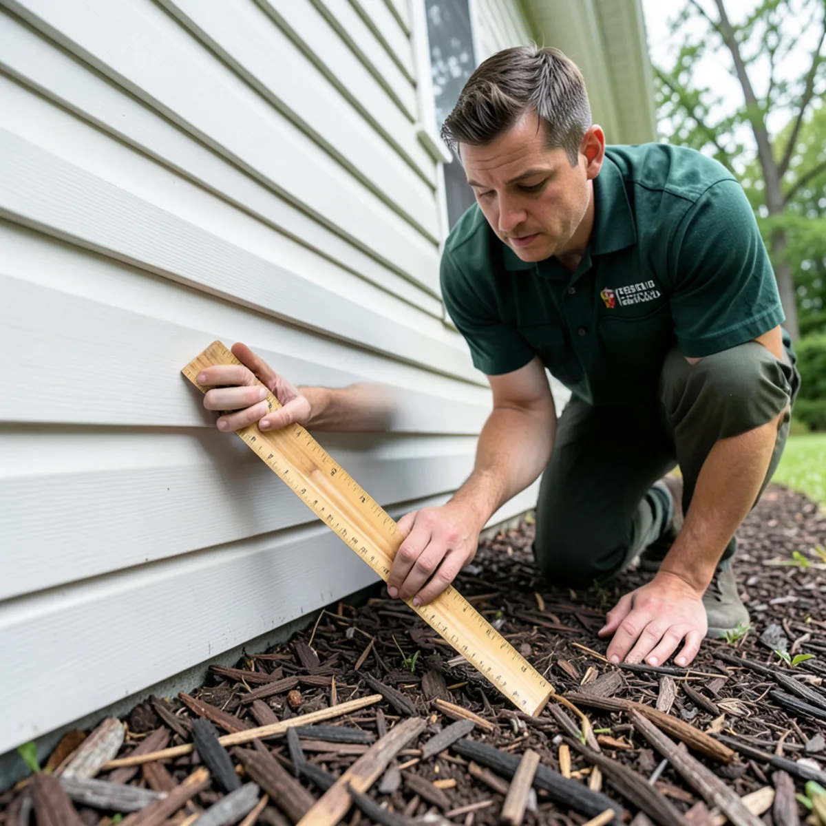 Measuring six-inch vertical gap between garden mulch and bottom of home siding