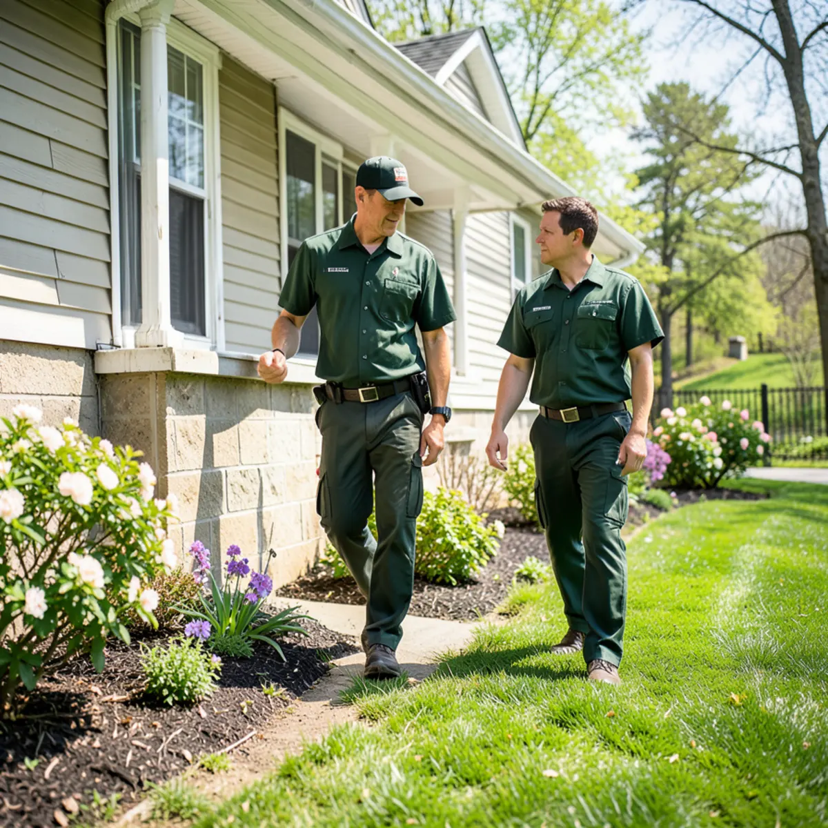 Technician and homeowner inspecting foundation line of a Butler home during spring