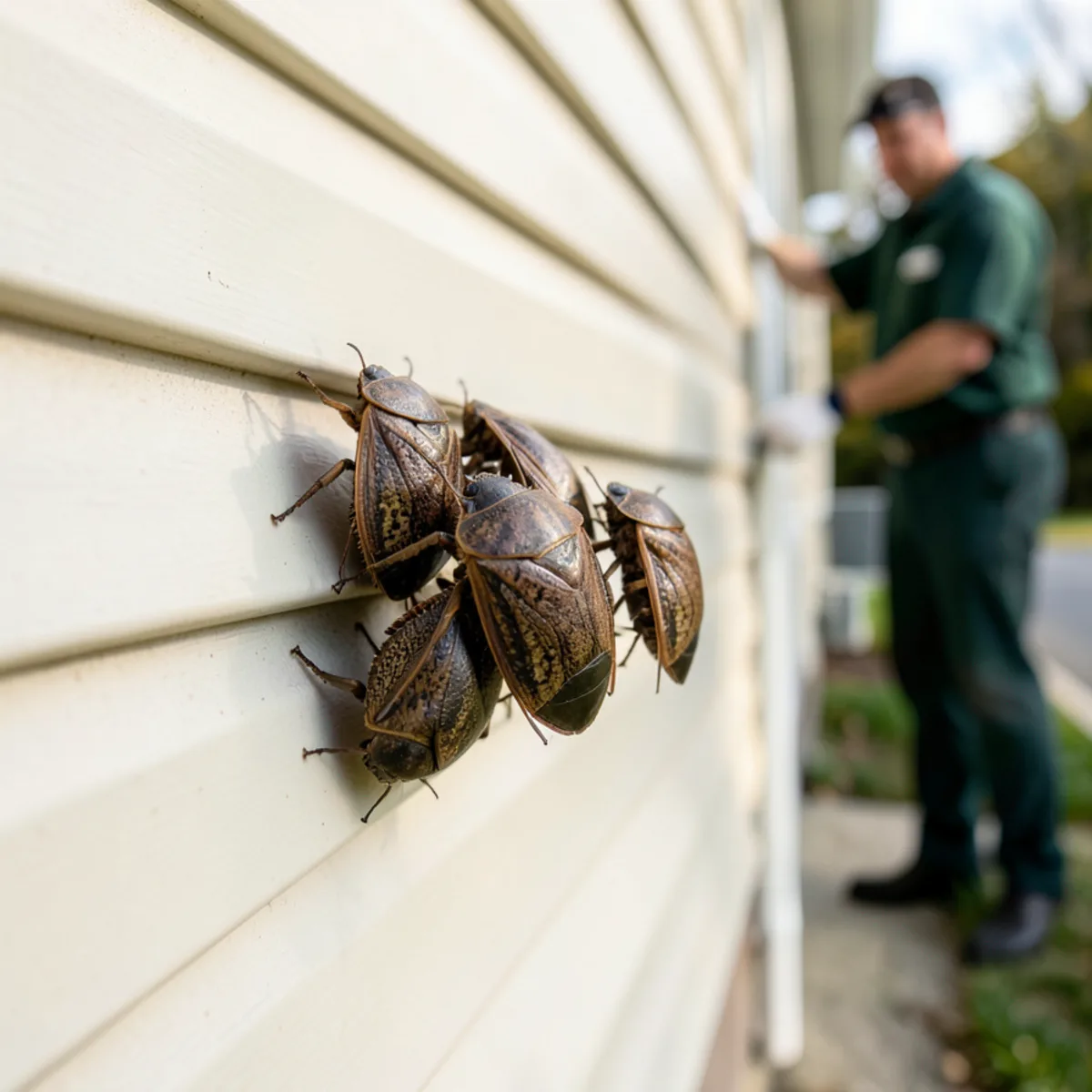 Multiple stink bugs clustered on beige vinyl siding absorbing afternoon solar heat