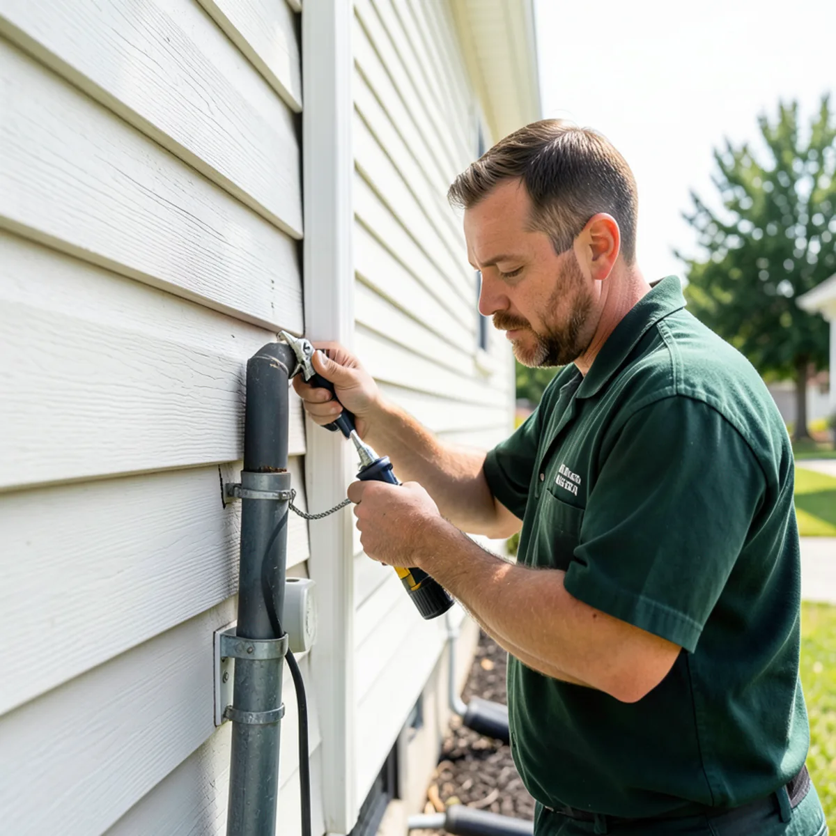 Sealing exterior gaps around electrical utility conduit with caulking gun