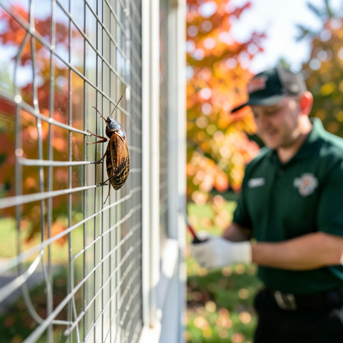 Brown marmorated stink bug crawling across a sunlit residential window screen in autumn