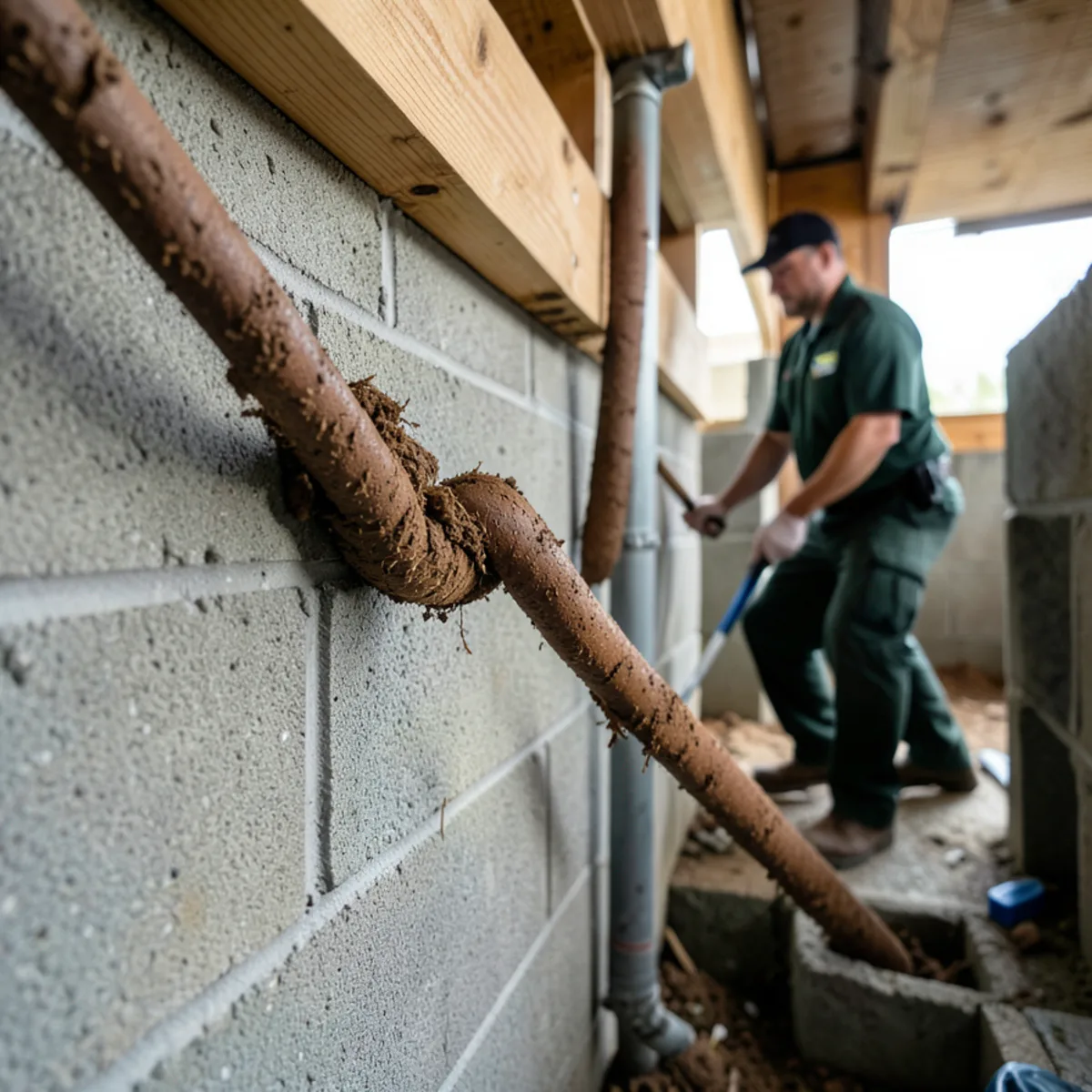 Visible earthen termite mud tube climbing concrete foundation toward wooden sill plate