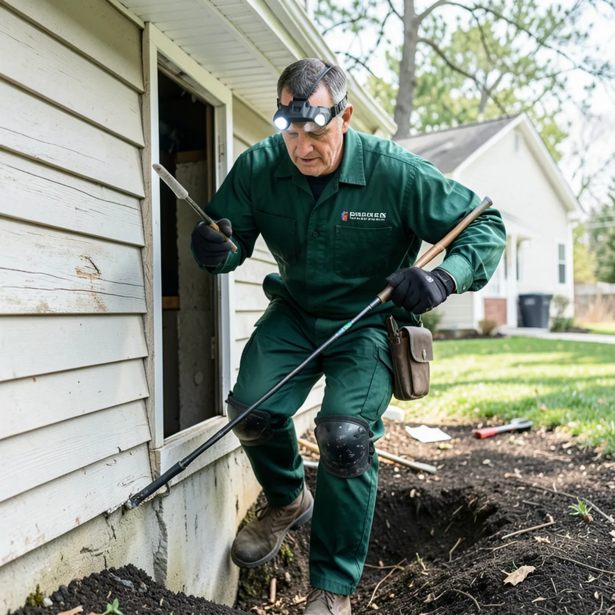 Technician in protective coveralls and headlamp emerging from crawlspace entrance