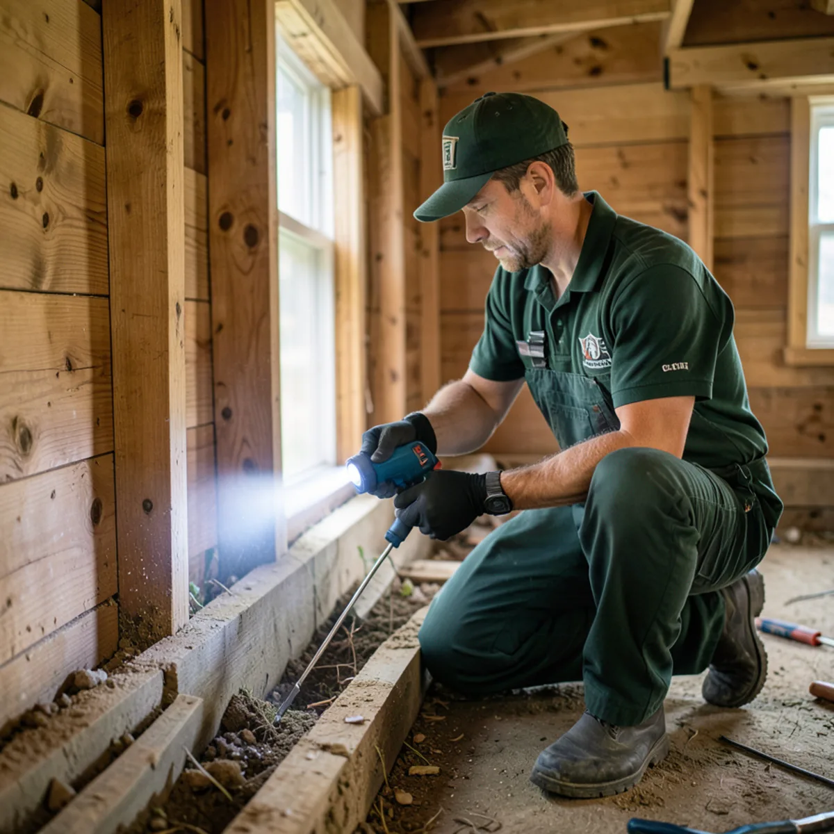 Real estate home inspection with technician sounding crawlspace floor joists with probe