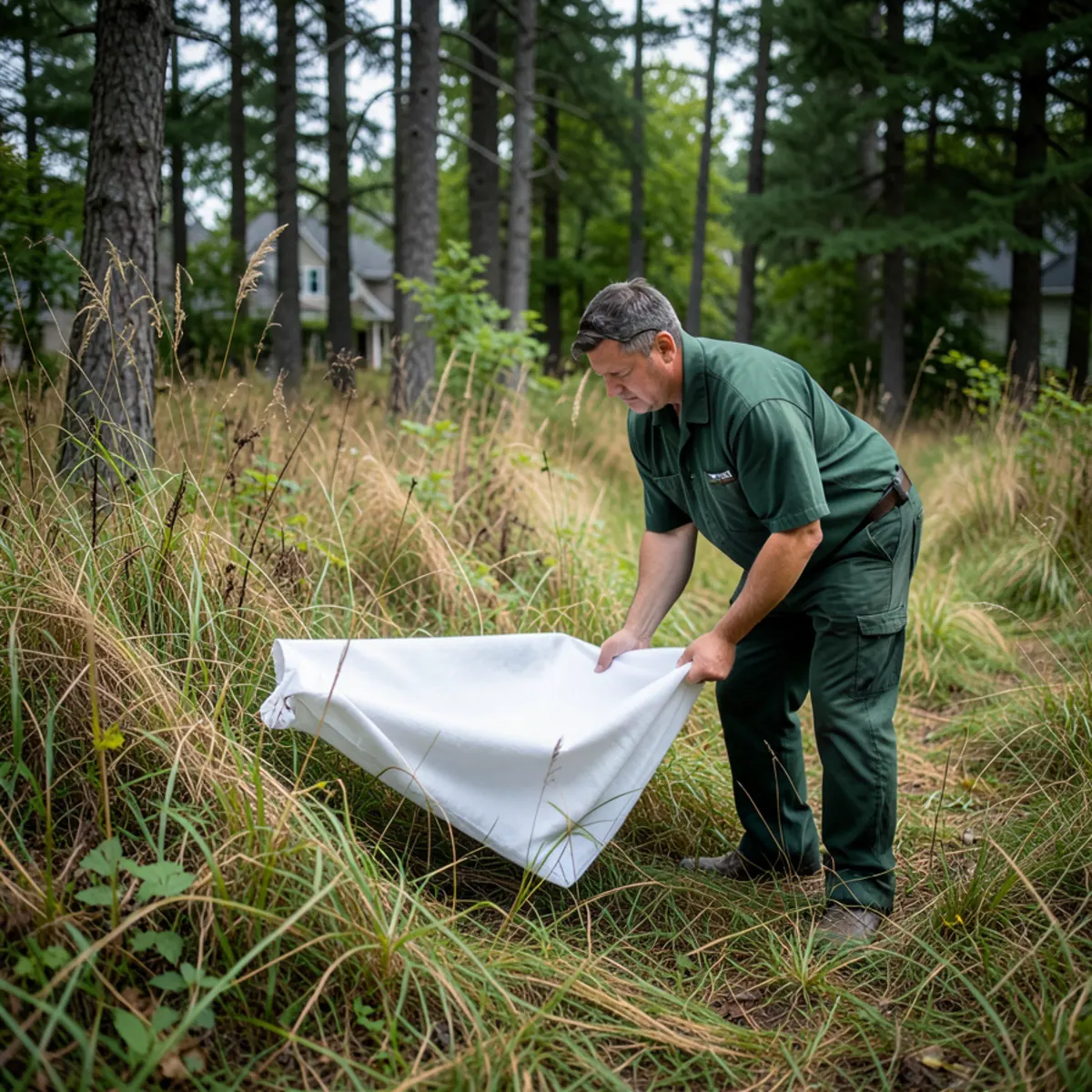 White flannel drag cloth sampling through tall border grass to monitor tick density