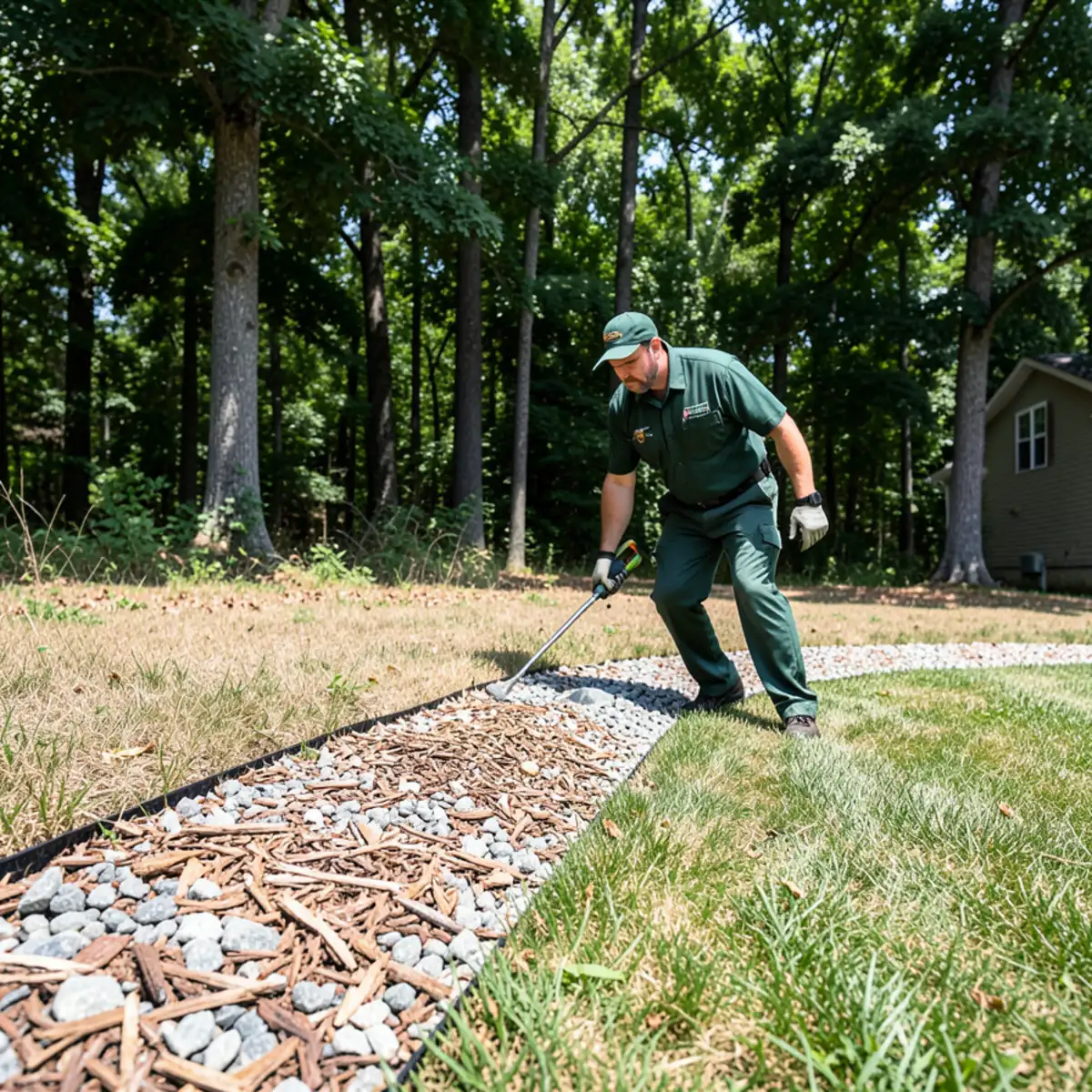 Crushed gravel and woodchip physical barrier separating manicured lawn from forest