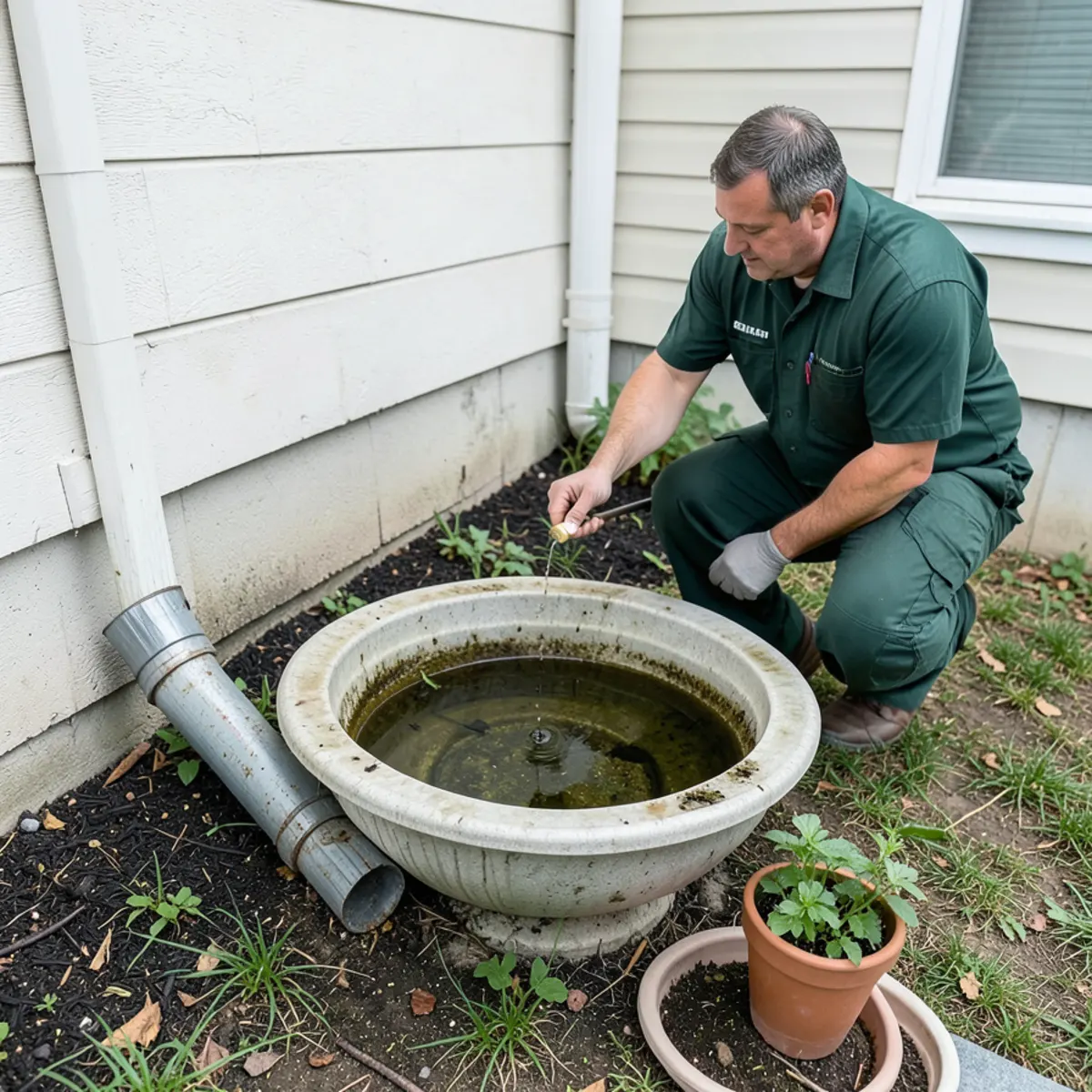 Emptying standing water from flowerpot saucers and birdbaths in a residential backyard