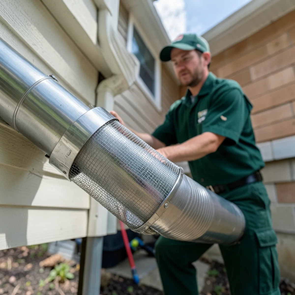 Fine wire mesh screen installed over end of corrugated downspout discharge pipe