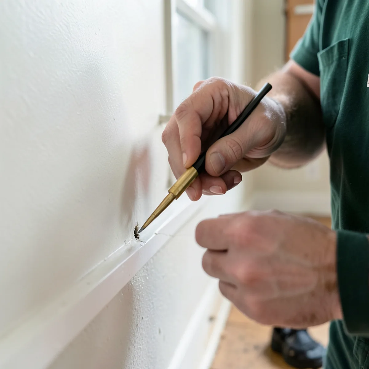 Precision brass injector applying targeted treatment into hollow wall void