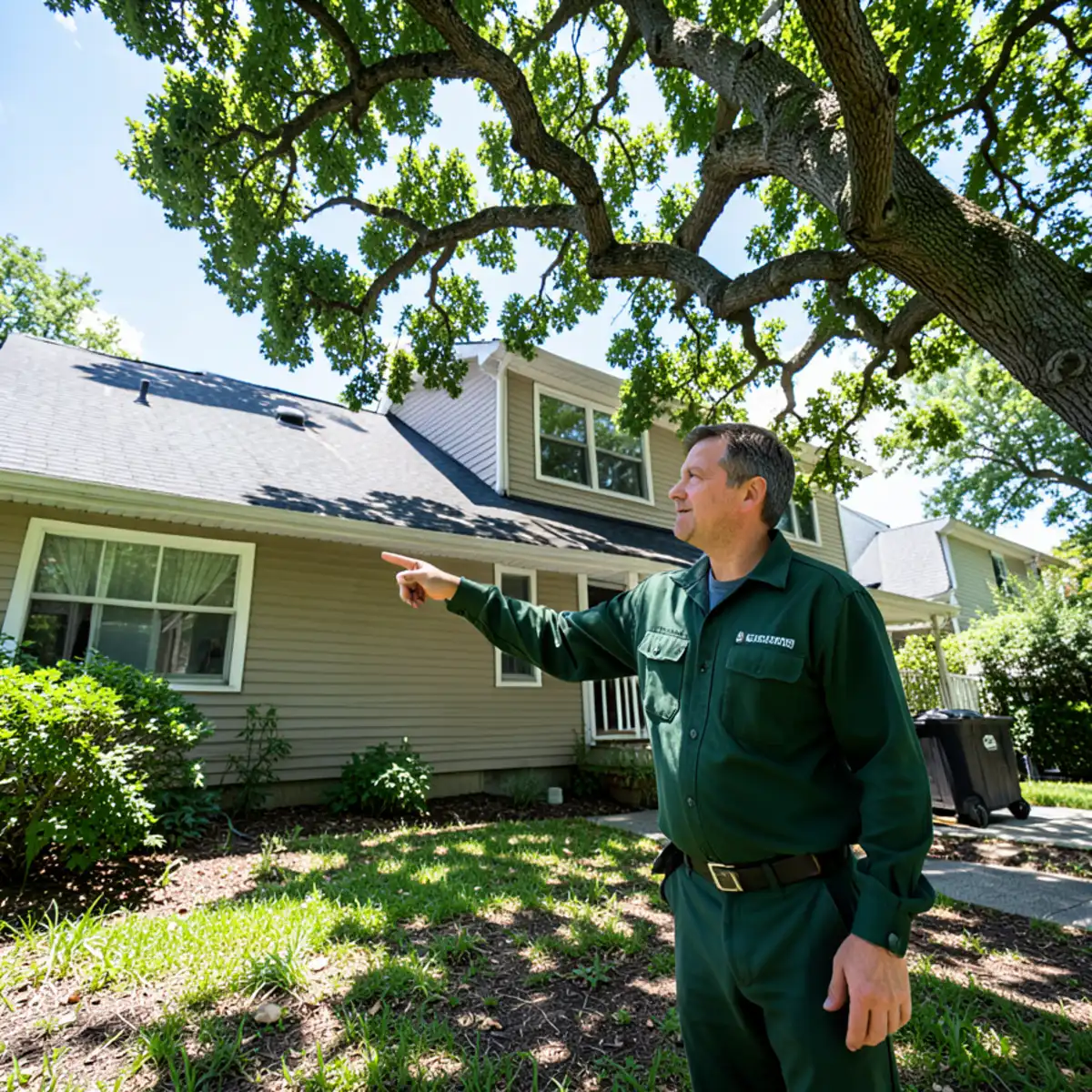 Technician pointing to heavy oak tree branches overhanging residential roof gutters