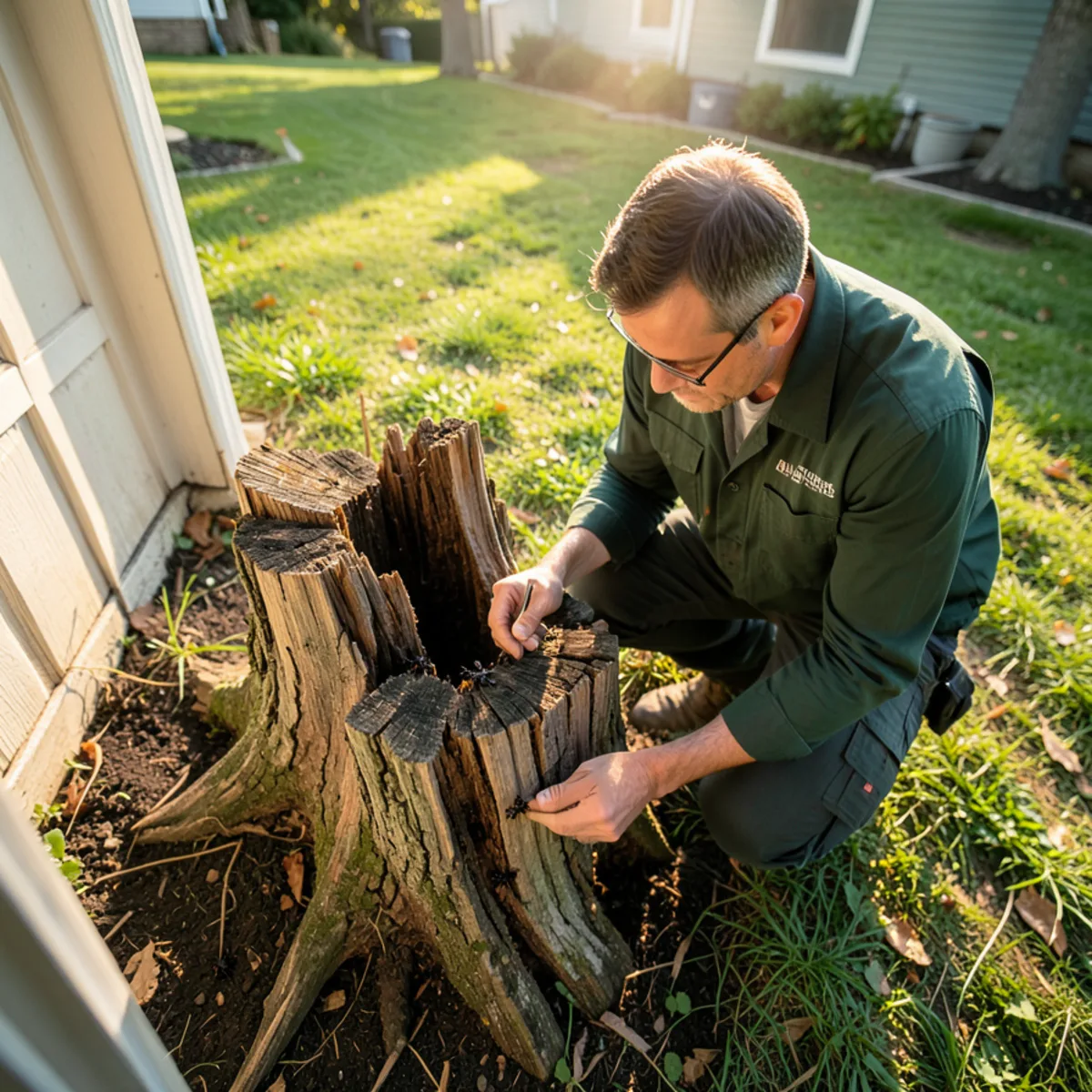 Inspecting rotting hardwood tree stump in yard for parent carpenter ant colony