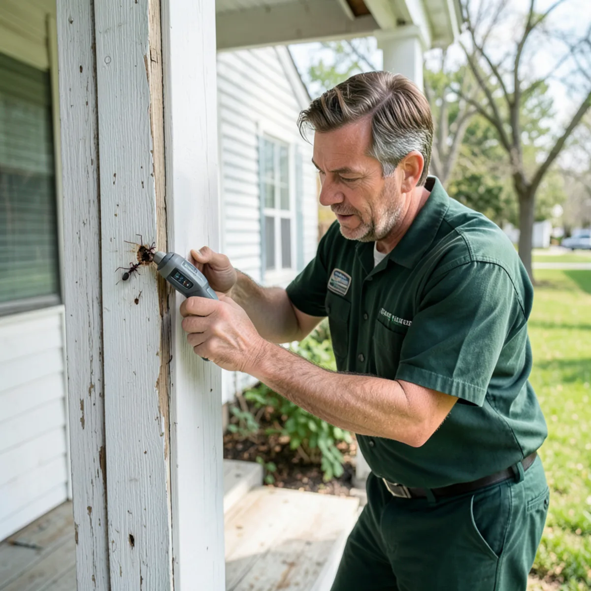 Technician examining wooden porch column with inspection lens for carpenter ant activity