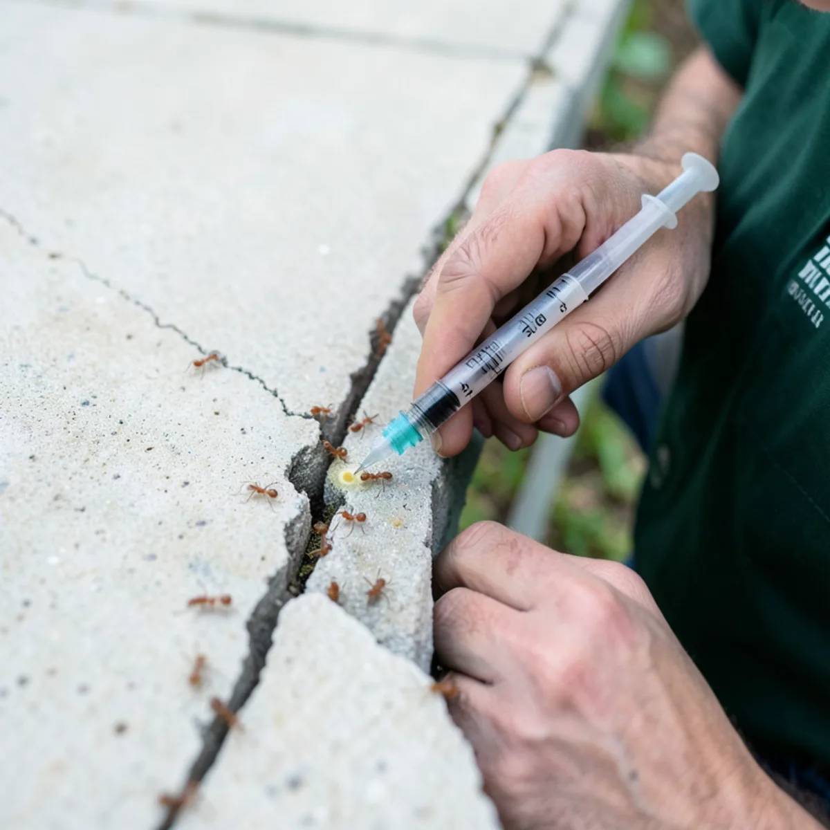 Applying precision gel bait into foundation expansion joint for ant trail control