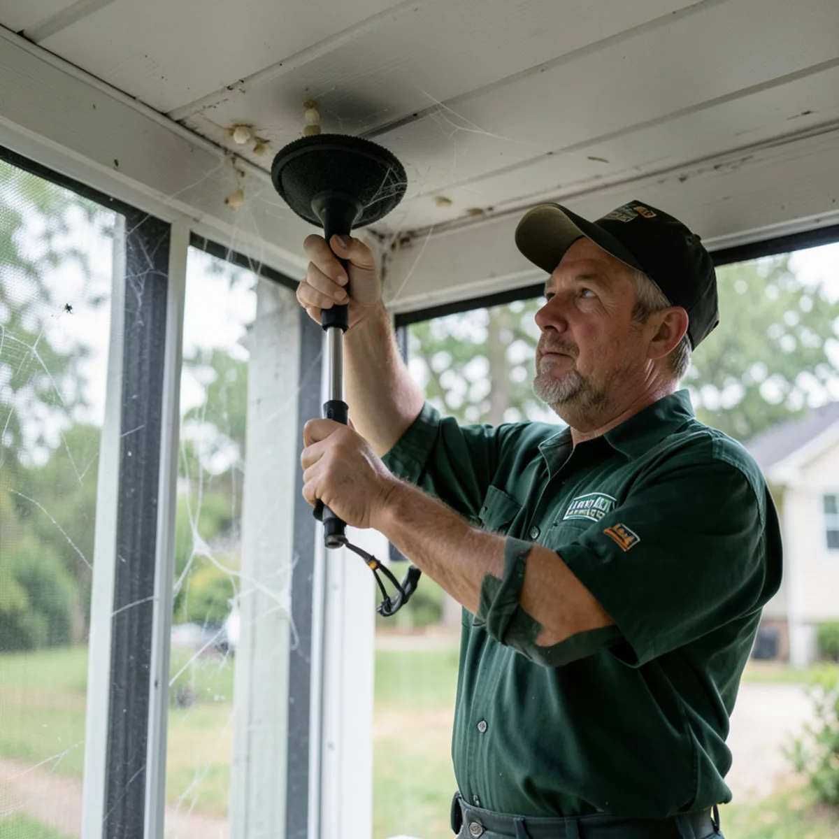 Brushing spider webs from screened back porch ceiling with specialized web duster