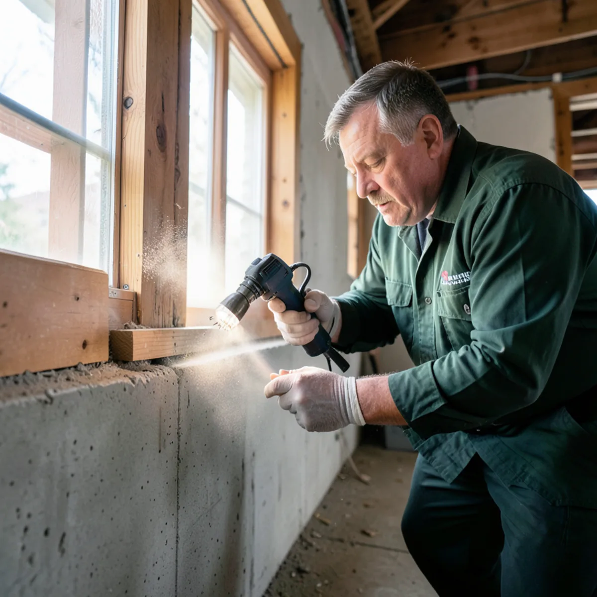 Applying micro-dust desiccant into basement sill plate void for long-term insect control