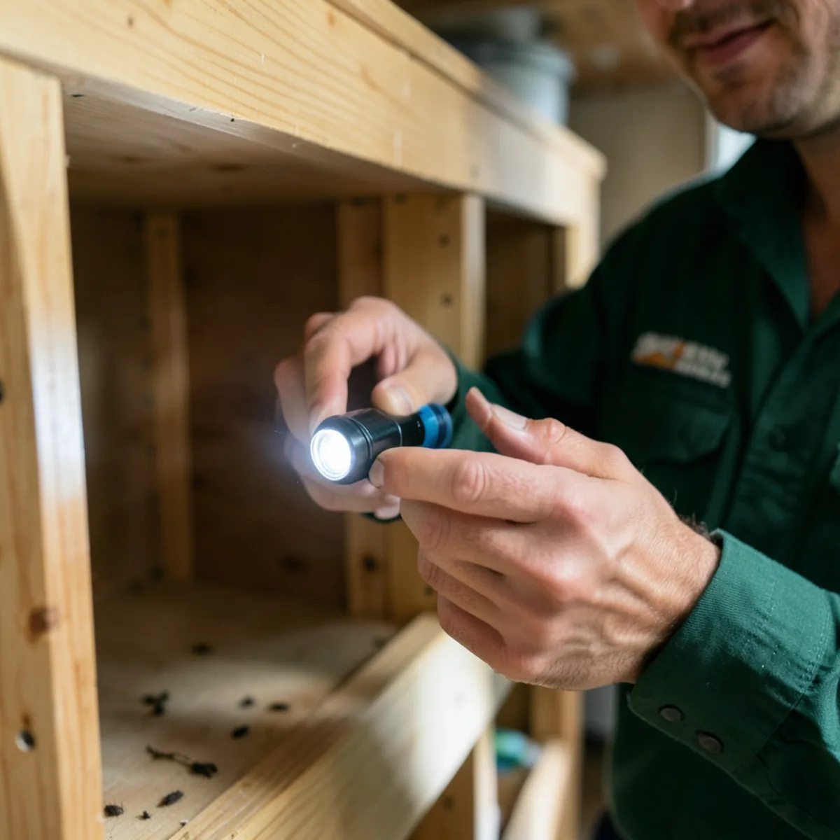 LED penlight illumination of small dark spindle mouse droppings on a cellar shelf