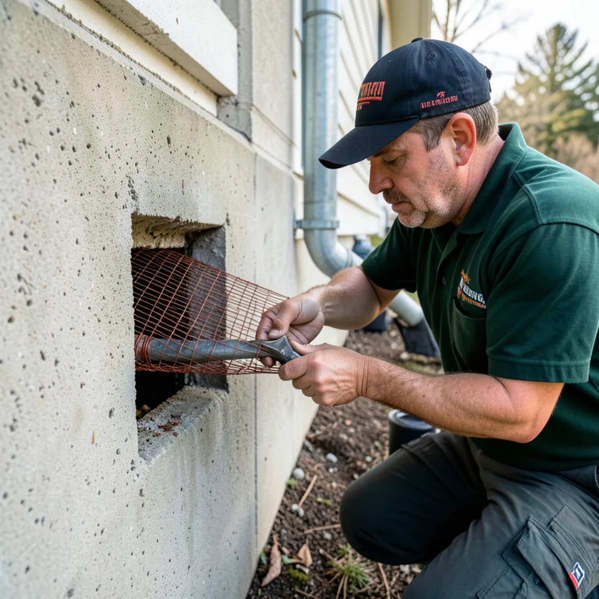 Packing copper wire mesh around cast-iron plumbing pipe entering a stone foundation