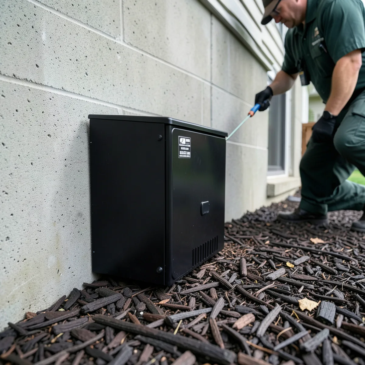 Locked tamper-resistant rodent station positioned against residential foundation