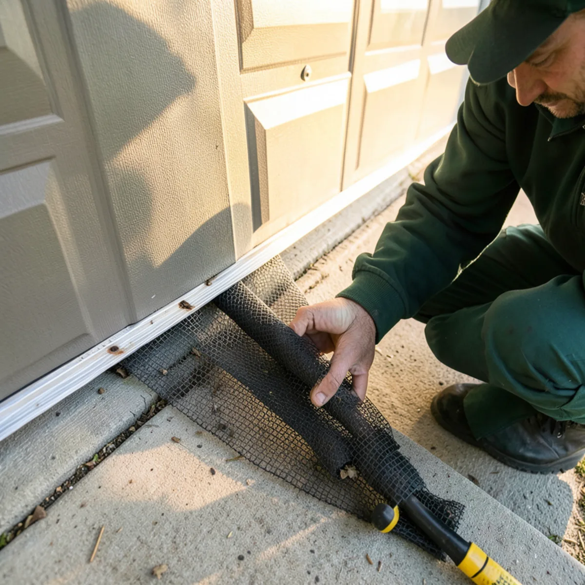 Heavy-duty rubber weatherstripping seal on bottom corner of garage door