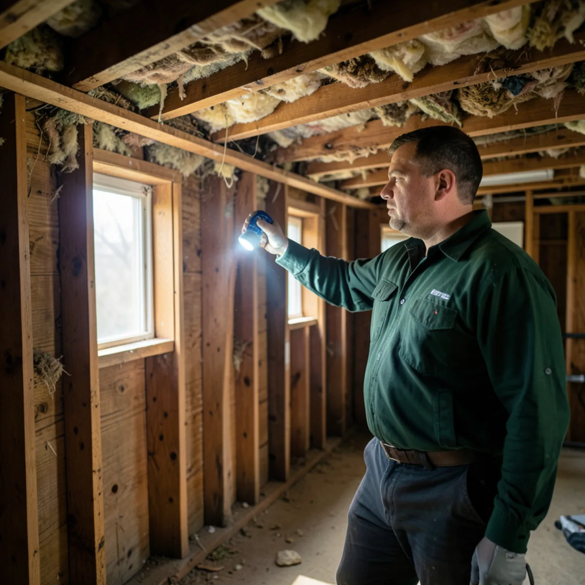 Technician shining flashlight into basement ceiling joist space to locate mouse runways