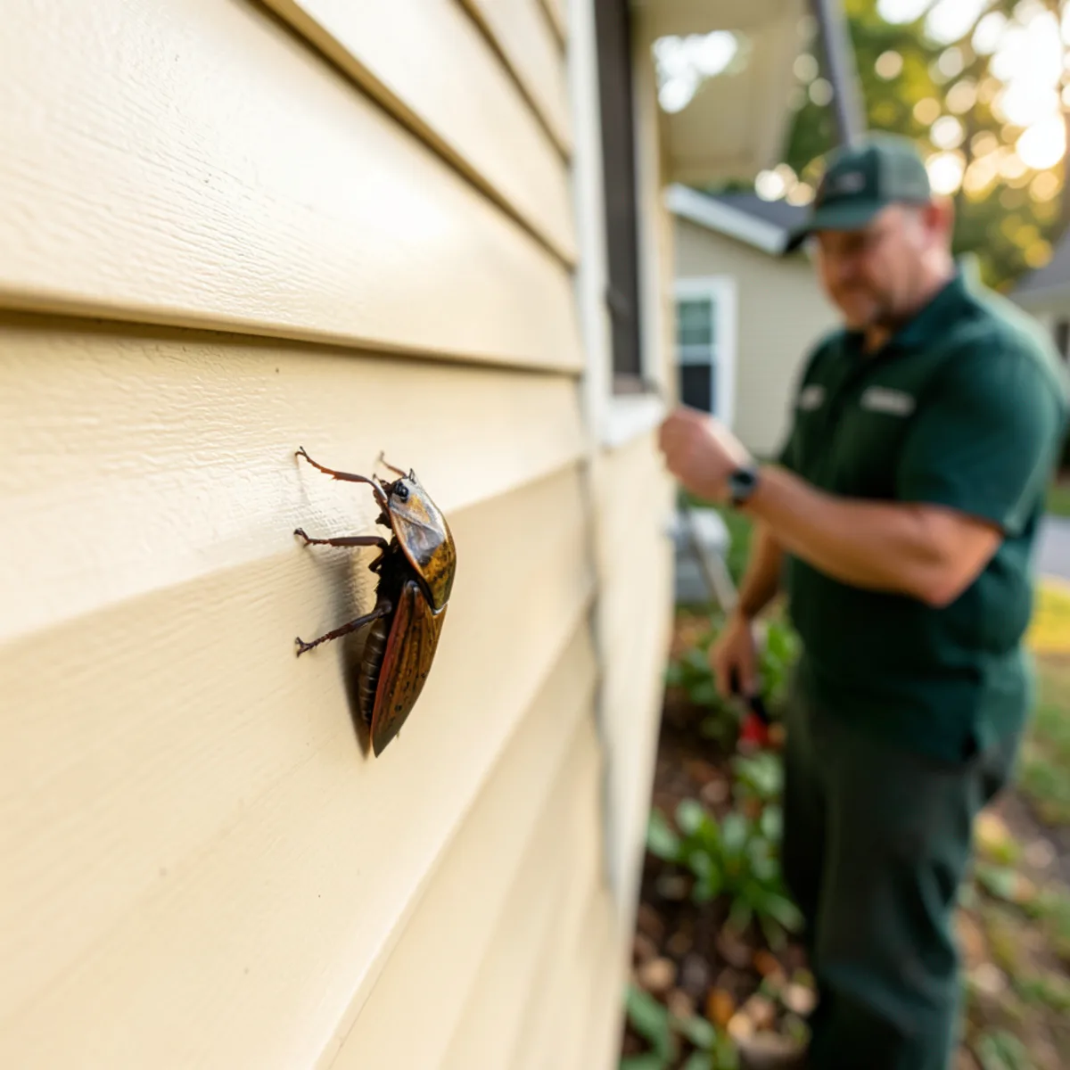 Stink bugs basking on light-colored vinyl siding of a Cranberry Township home