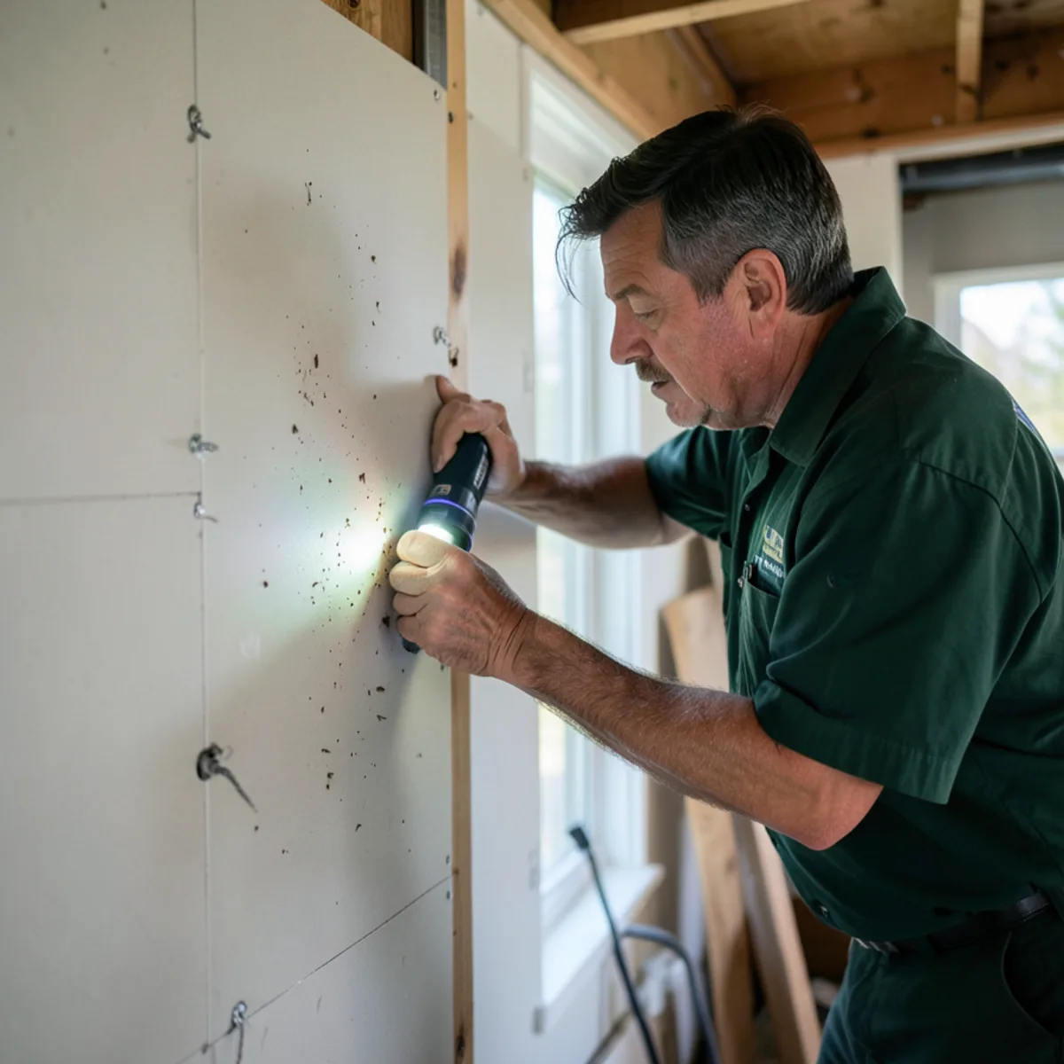 Checking utility access panel in finished basement drywall for signs of mice