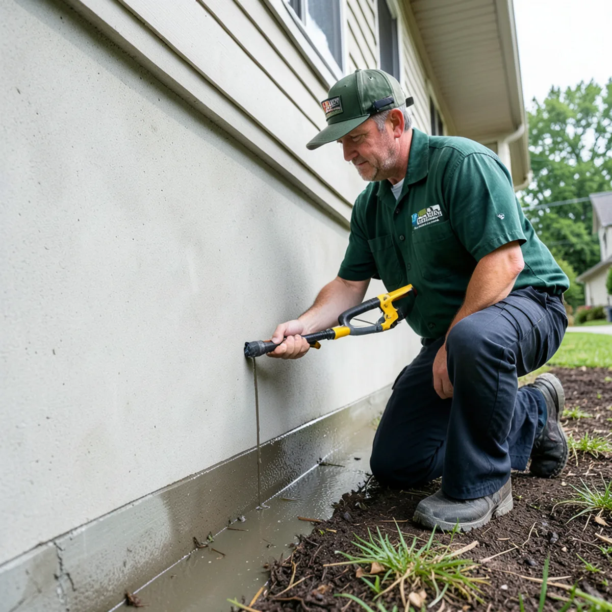 Liquid barrier spray application along poured concrete foundation wall in Cranberry