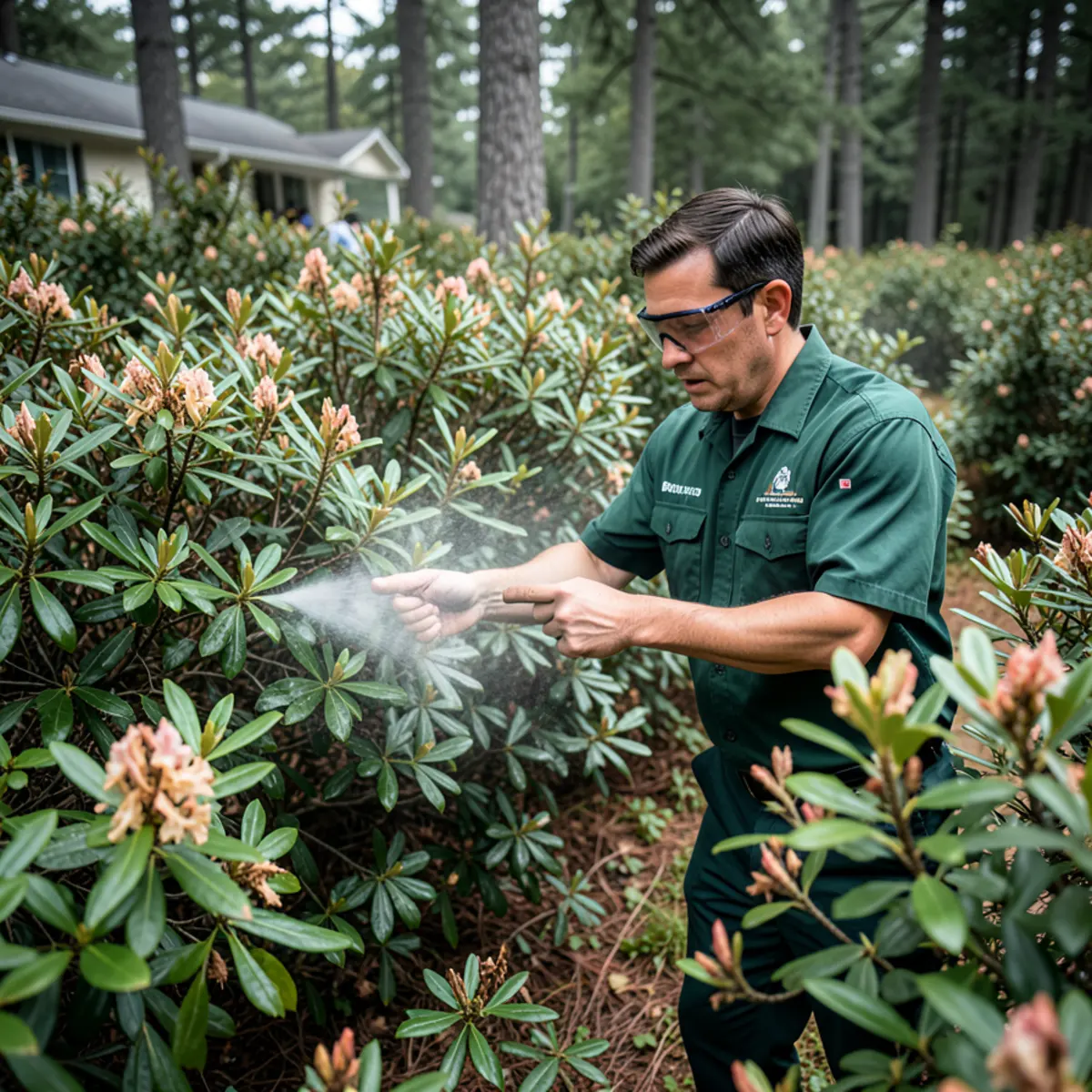 Misting dense rhododendron and brush near North Park border in Richland Township