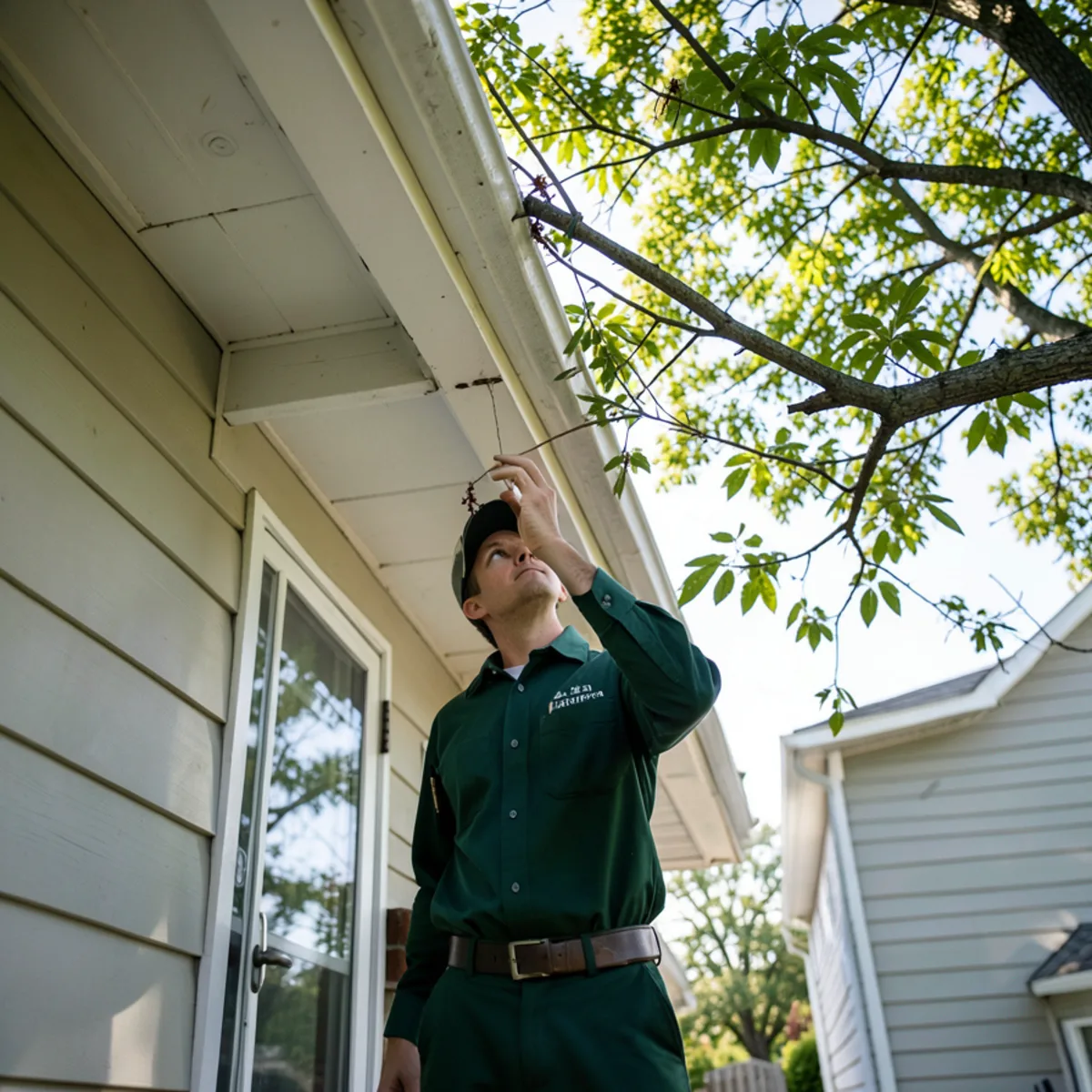 Inspecting roofline and gutters where mature oak branches touch shingles in Gibsonia